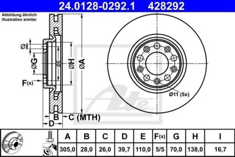 Диск гальмівний передн Лів/Прав ALFA ROMEO 159, GIULIETTA, TONALE FIAT 500X JEEP COMPASS, RENEGADE 1.0-2.4 09.05- ATE 24.0128-0292.1 (фото 1)