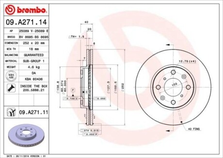 Тормозной диск вентилируемый BREMBO 09.A271.14