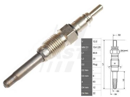 Свеча накала FIAT Brava 95-01; FIAT DOBLO 00-09 FAST FT82725