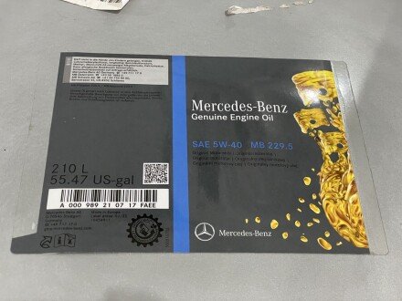 Олива моторна MB 229.5 1шт (210л) &quot;SAE 5W-40 MB 229.5 MERCEDES-BENZ 000989210717FAEE (фото 1)