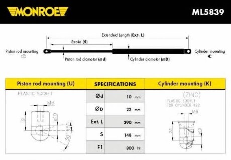 Газовая пружина, крышка багажника MONROE ML5839