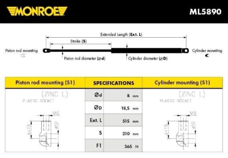 Газовая пружина, крышка багажника MONROE ML5890