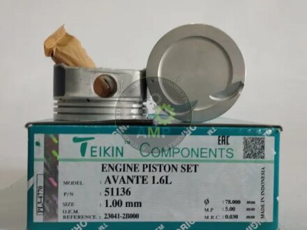 Поршни ремонт (+1.00мм) (к-кт на мотор) Hyundai 1.6L TEIKIN 51136100