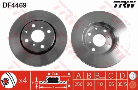 Диск гальмівний (1 шт.) CITROEN/PEUGEOT/TOYOTA C1/107/Aygo F "05>> TRW DF4469