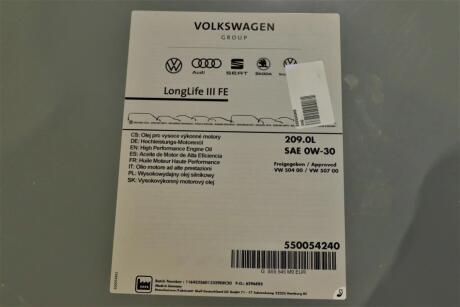 Олива моторна LongLife III FE 0W-30, 209л. 50400/50700 VAG GS55545M9 (фото 1)