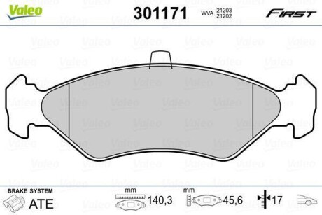 Гальмівні колодки дискові FORD Fiesta "1,0-1,8 "F "89-08 Valeo 301171