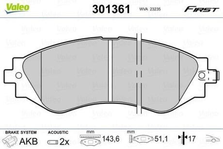 Гальмівні колодки дискові CHEVROLET/DAEWOO Epica/Lacetti/Nubira/Rezzo/Leganza "1,4-2,2 "F "97>> Valeo 301361