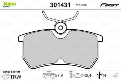 Гальмівні колодки дискові FORD Fiesta/Focus "1,0-2,0 "R "98>> Valeo 301431 (фото 1)