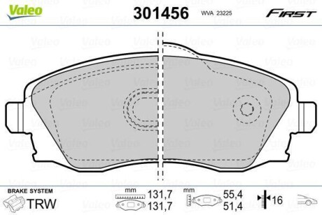 Гальмівні колодки дискові OPEL Combo/CorsaC/Meriva/Tigra "1,0-1,8 "F "00-10 Valeo 301456 (фото 1)