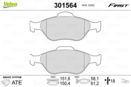 Гальмівні колодки дискові FORD/MAZDA Fiesta/Fusion/Ka/Puma/Street/121/2 &quot;1,25-1,8 &quot;F &quot;95-12 Valeo 301564 (фото 1)