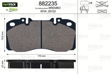 Колодки тормозные, WVA29122;175x79,5x22, без датчика износа Valeo 882235